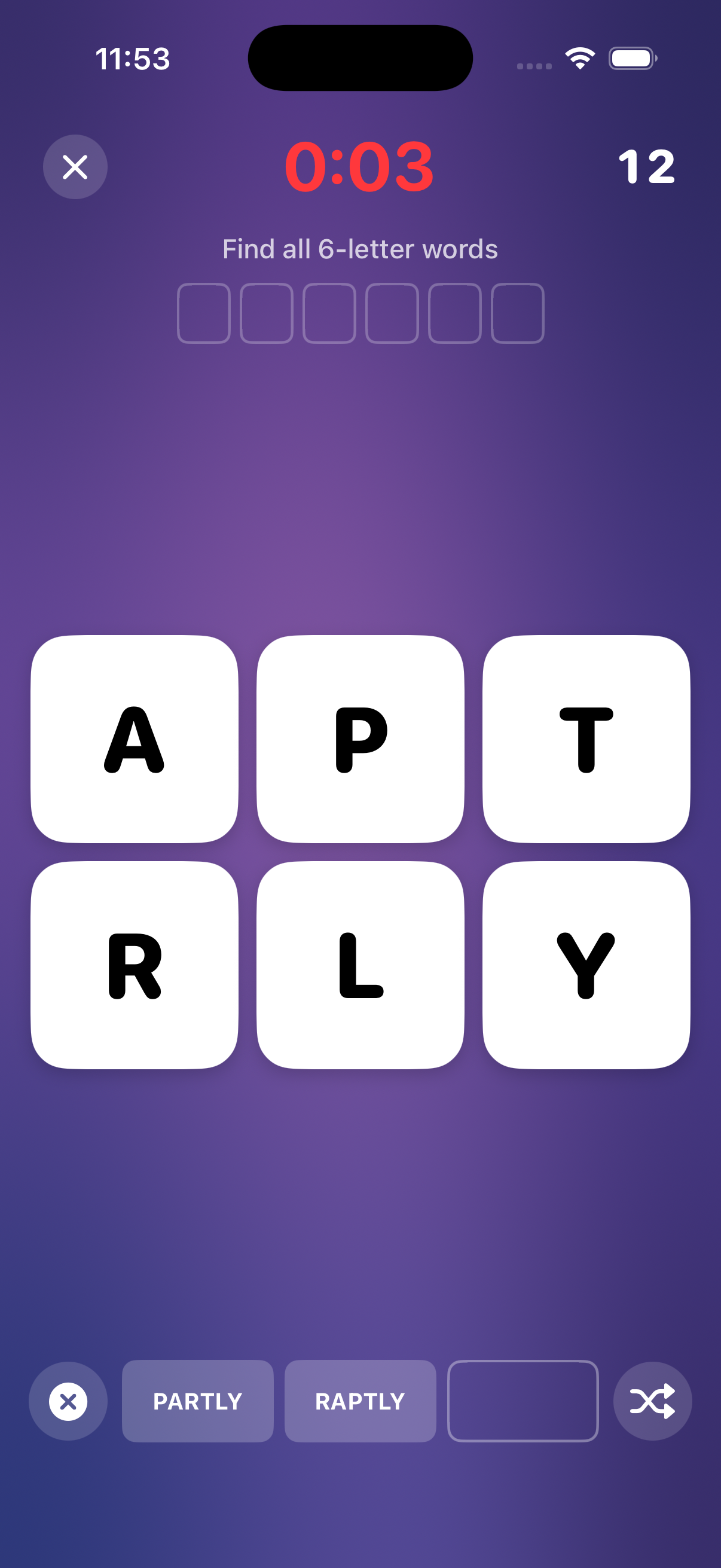 Scrambly 6-letter anagram puzzle showing every word uses all the letters